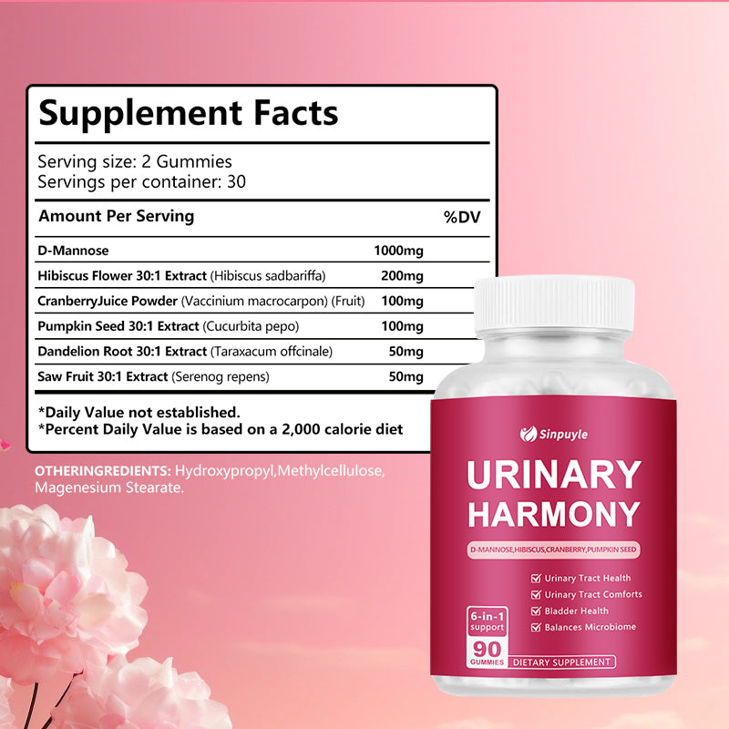 D-Mannose Cranberry Urinary Tract Gummies - 6-in-1 Bladder Health Supplement With Hibiscus & Pumpkin Seed - 90 Urinary Harmony Gummies