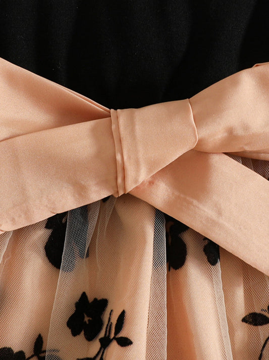 Children's Floral Print Mesh Bowknot Toddler Dress