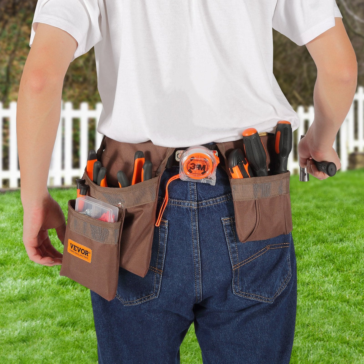 VEVOR Tool Belt, Adjusts From 29 Inches To 54 Inches, Polyester Heavy Duty Tool Pouch Bag, Detachable Tool Bag For Electrician, Carpenter, Handyman, Woodworker, Construction, Framer, Brown