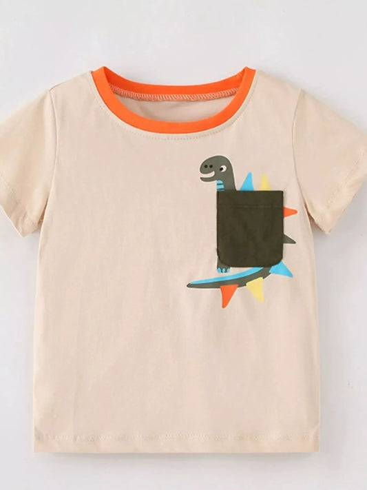 Children's Cute Dinosaur Pocket Short Sleeve T-Shirt