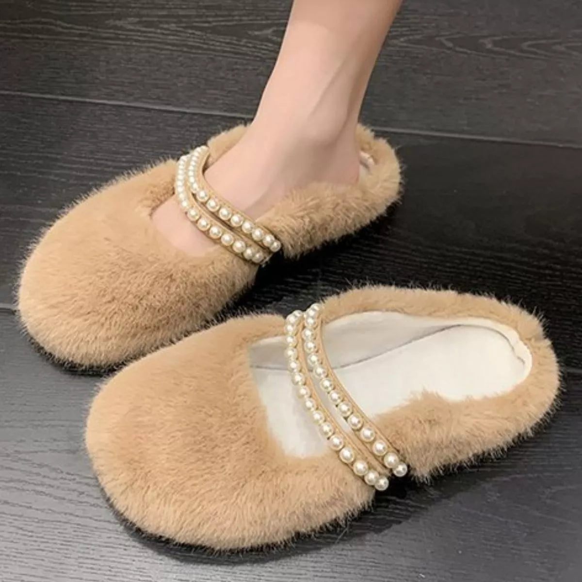 Pearl Embellished Plush Slippers