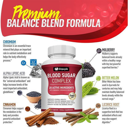 Blood Sugar Complex With Cinnamon, Chromium And Mulberry - 20 Active Ingredients, 60 Capsules - Supports Healthy Blood Sugar Levels