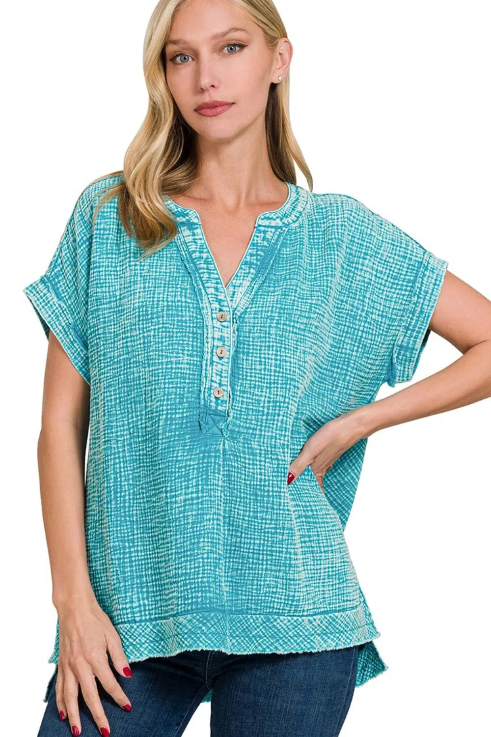 Zenana Washed Double Gauze 3/4 Button Henley Neck Shirt