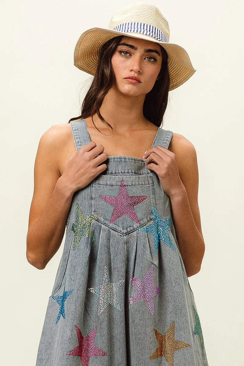 BiBi Star Rhinestone Washed Wide Leg Shortalls