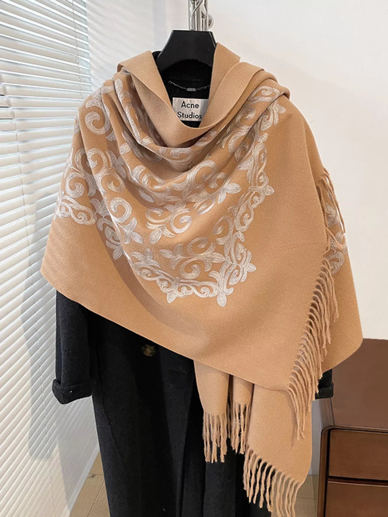 Embroidered Fringe Scarf