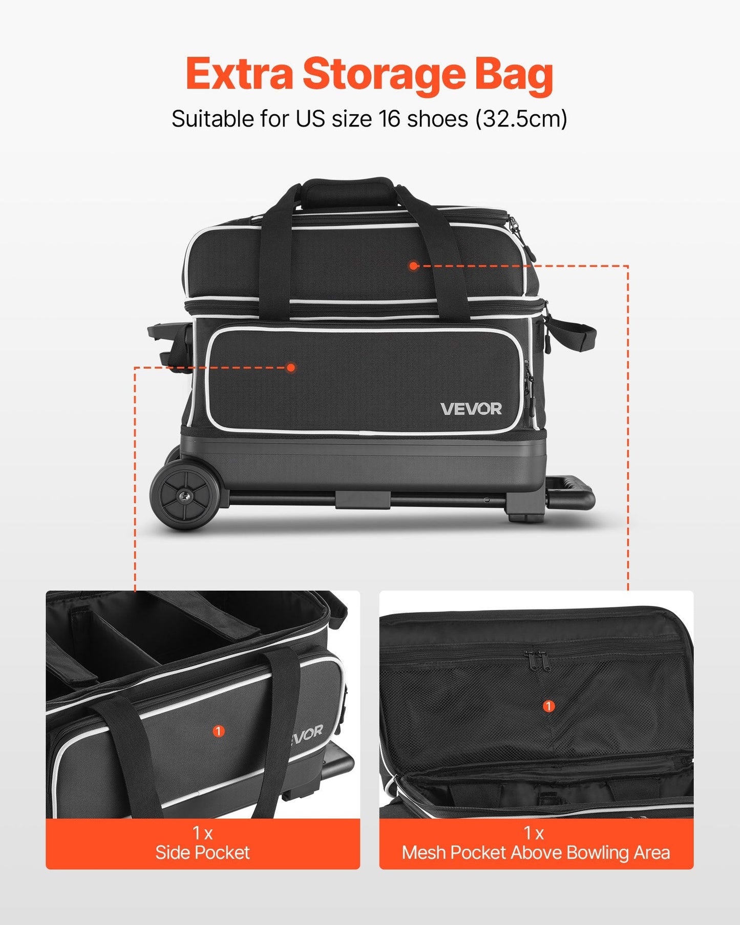 Bowling Ball Bag, 2 Ball Double Roller Bowling Bag With Wheels, Featuring A Separate Compartment For Shoes (Up To US Size 16) & Oversized Accessory Pocket, Retractable Handle Extends To 41.32 In