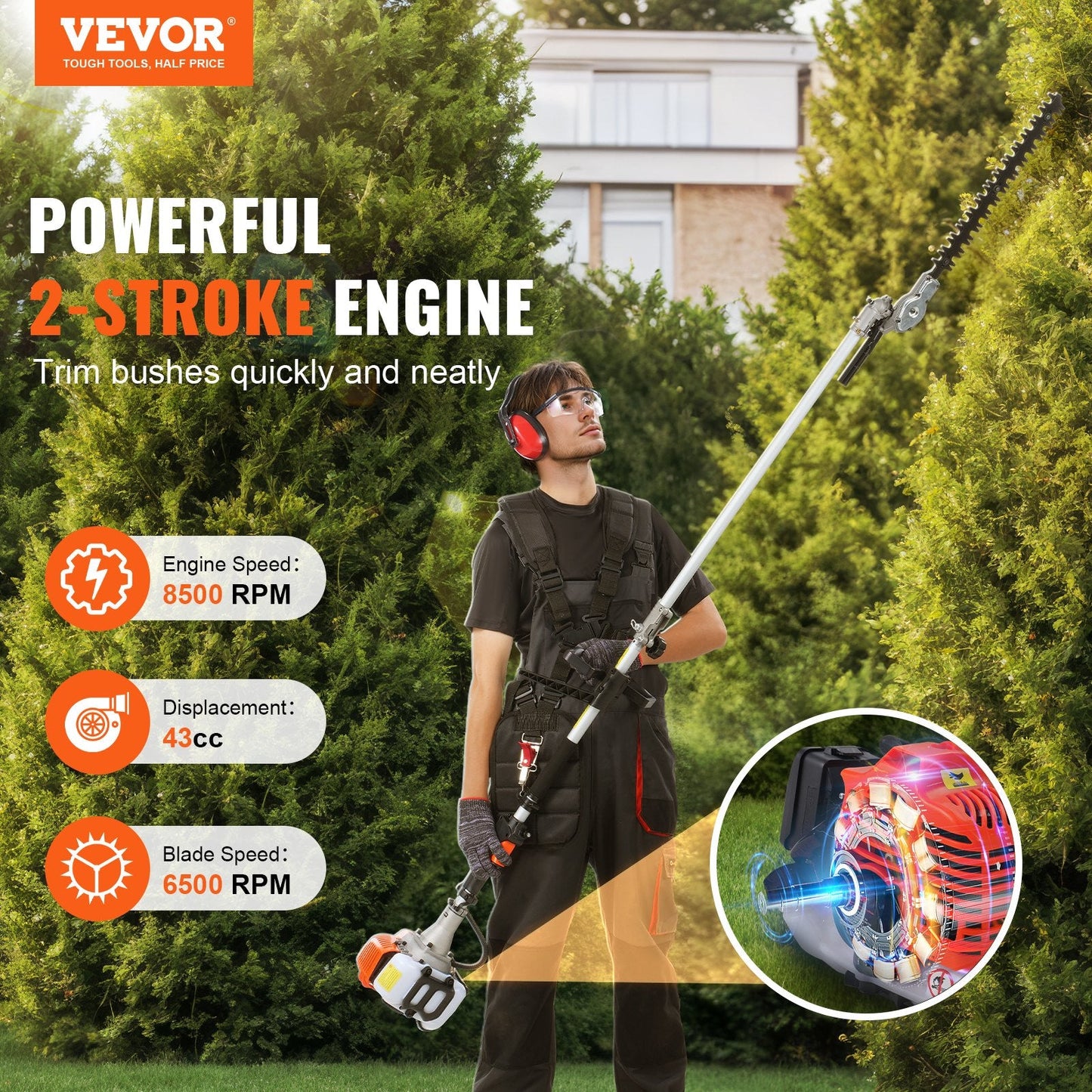 43CC 6-in-1 Multi-Functional Trimming Tools, Gas Hedge Trimmer, Weed Eater, String Trimmer, Brush Cutter, Edger, Pole Saw Chainsaw Pruner With Extension Pole