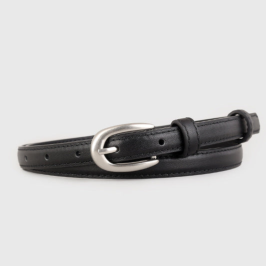 Leather Skinny Belt with Silver Buckle