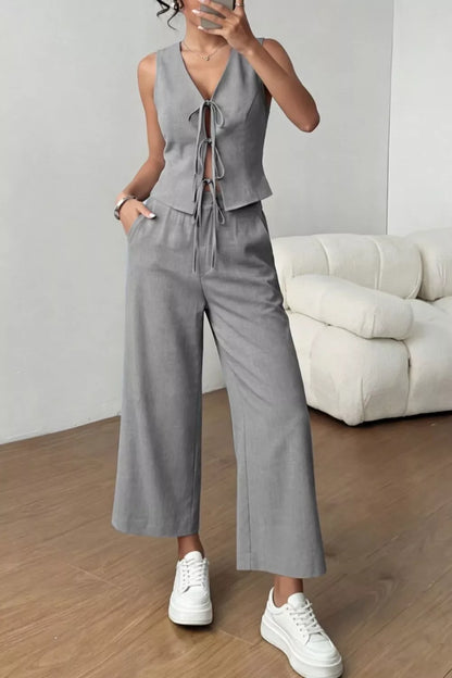 Tie Front Vest and Wide Leg Pants Set