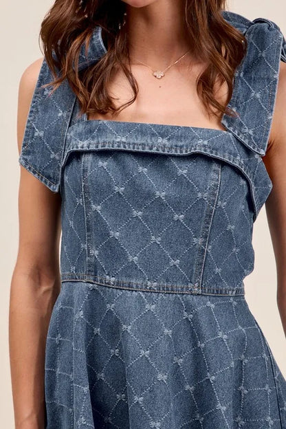 SO ME A Line Fit and Flare Diamond Bow Ribbon Denim Dres
