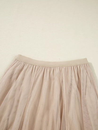 Tulle Mesh Overlay Flared Midi Skirt