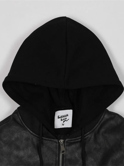 Men's Drawstring Washed Zip Up Hooded Jacket
