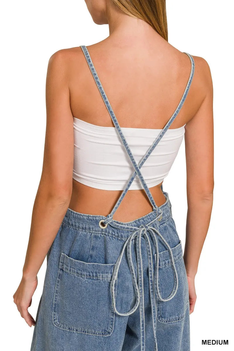 Zenana Denim Medium Washed Wide Leg Overalls