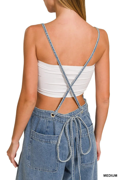 Zenana Denim Medium Washed Wide Leg Overalls