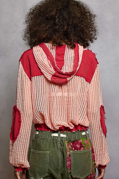 POL Texture Woven Button Down Hooded Shirt with Drawstring Hem