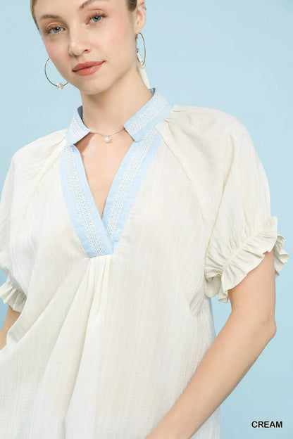 Umgee Textured V-Neck Top with Lace Trim Details