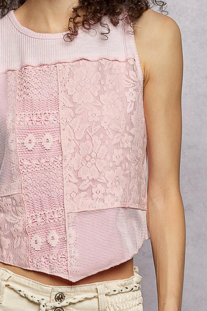 POL Ribbed Round Neck Cropped Tank with Lace Detail