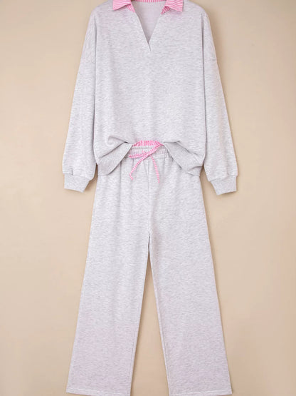 Contrasted Trim Frilled Collar Drop Shoulder Top and Drawstring Pant Set