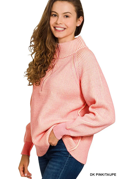 Zenana Ribbed Two Tone Half Zip Sweater