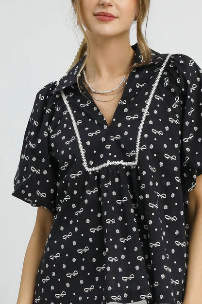 Umgee Bow Print Puff Sleeve Blouse