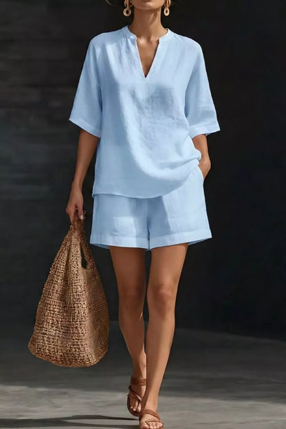 Notched Half Sleeve Top and Shorts Set