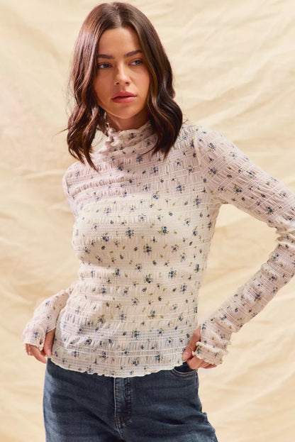 SO ME Floral Print Textured Long Sleeve Knit Top