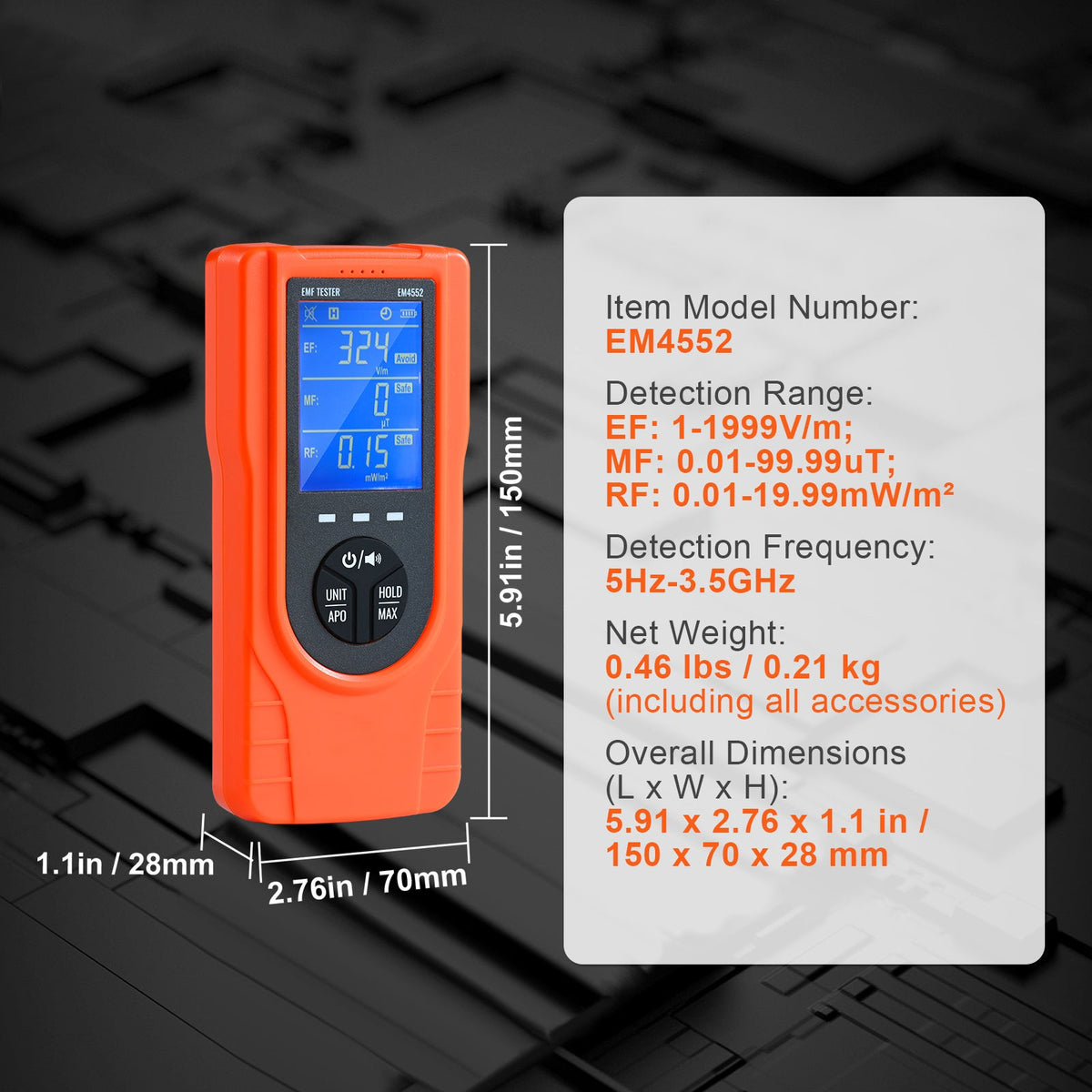 VEVOR  EMF Meter, 5Hz  3.5GHz, Handheld Rechargeable Electromagnetic Field Radiation Detector, Digital LCD EMF Tester For EF MF RF Home Inspections Outdoor Ghost Hunting Paranormal Equipment