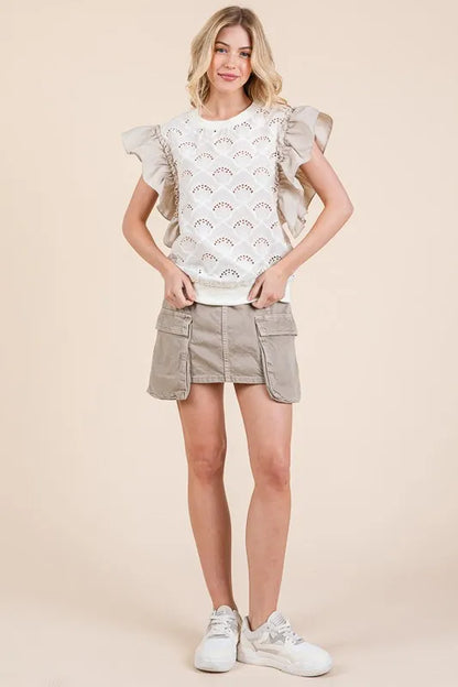 Lime 'N' Chili Ruffle Cap Sleeve Embroidered Eyelet Blouse