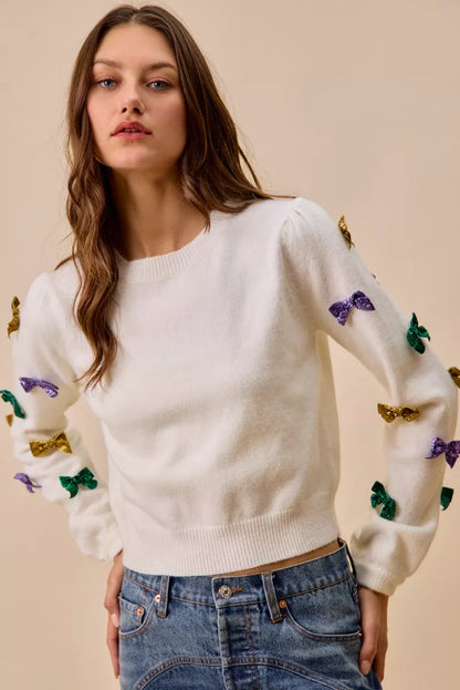 SO ME Mardi Gras Glitter Bow Ribbon Sweater Knit Top