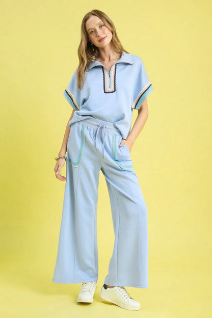 Umgee Drawstring Wide Leg Pants with Scallop Trim Detail