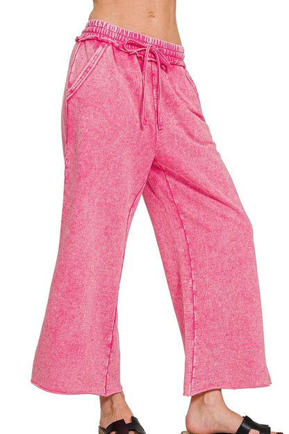 Zenana Washed French Terry Palazzo With Pockets