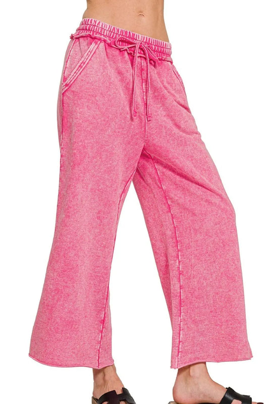 Zenana Washed French Terry Palazzo With Pockets