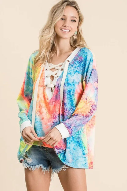 BiBi Tie Dye Deep V-neck Top With Lace Up Front