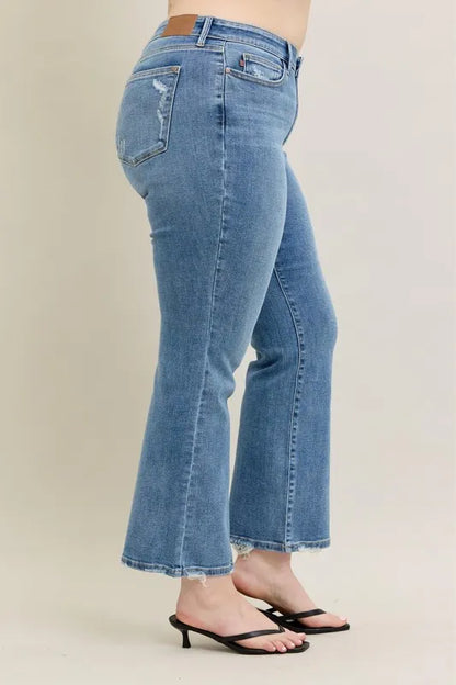 Judy Blue Full Size Mid Rise Wash Destroy Hem Bootcut Jeans Plus Size
