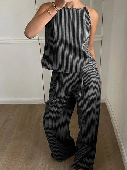 Striped Sleeveless Top and Wide-Leg Pants Set