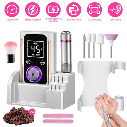 Portable Electric Nail Drill Bit 45000 RPM With 11 Bits Base Waist Clip Cordless Rechargeable Nail File Machine For Professional Salon Home Acrylic Nails Remove Nail Gel Polish Manicure