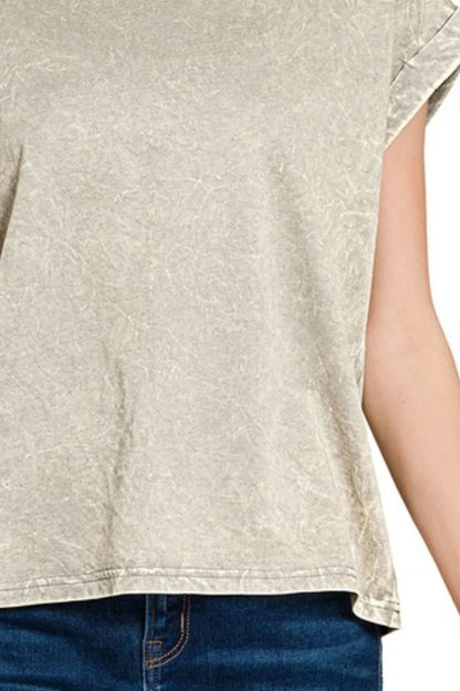 Zenana Crinkle Washed Round Neck Folded Short Sleeve Tee