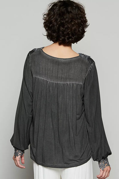 POL Floral Embroidery Woven Top with Lace Trim