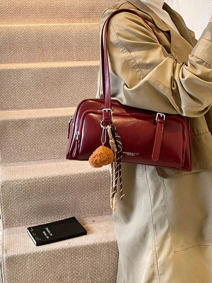 Vintage Style Leather Shoulder Bag with Charm