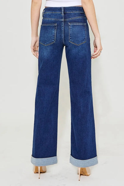 RISEN Full Size Tummy Control High Rise Wide Leg Cuffed Jeans Plus Size