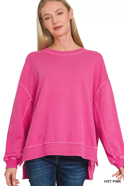 Zenana Full Size French Terry Pigment Dye & Enzyme Washing Pullover Plus Size