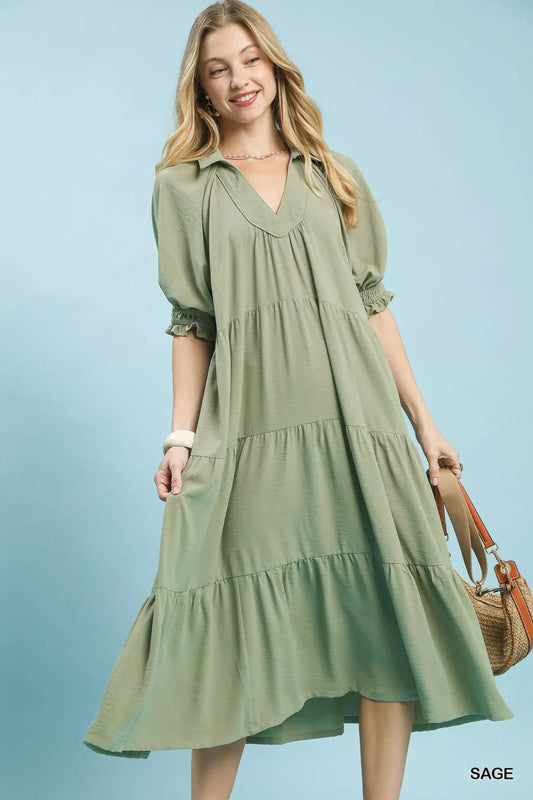 Umgee Solid Tiered Midi Dress
