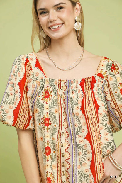 Umgee Patchwork Puff Sleeve Smocked Blouse