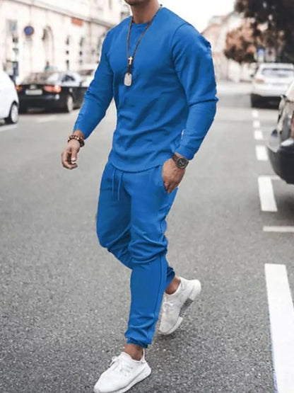 Men's Full Size Round Neck Long Sleeve Top and Pants Set Plus Size