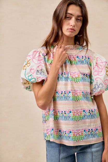 BiBi Ruffle Neckline Blouse With Embroidery Bubble Sleeve