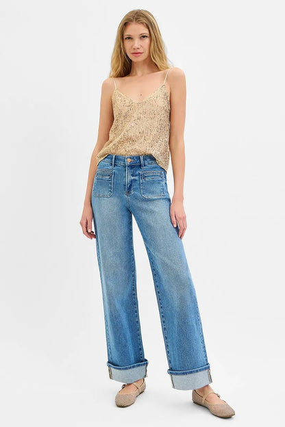 RISEN Full Size Elastic Band Mid Rise Wide Front Patch Pocket Cuff Jeans Plus Size
