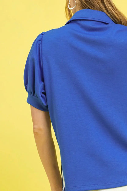 Umgee Side Zip Striped Puff Sleeve Polo
