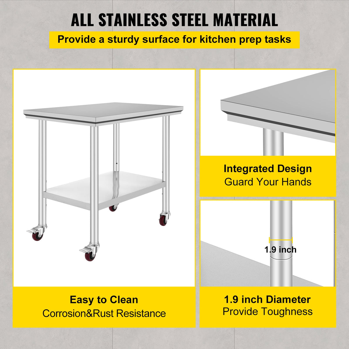 VEVOR Stainless Steel Work Table 36x24 Inch With 4 Wheels Commercial Food Prep Worktable With Casters Heavy Duty Work Table For Commercial Kitchen Restaurant