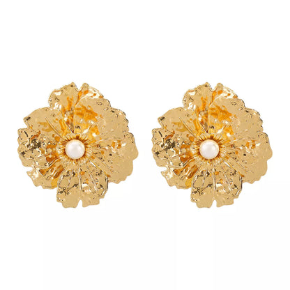 Gold Textured Flower Pearl Center Statement Earrings