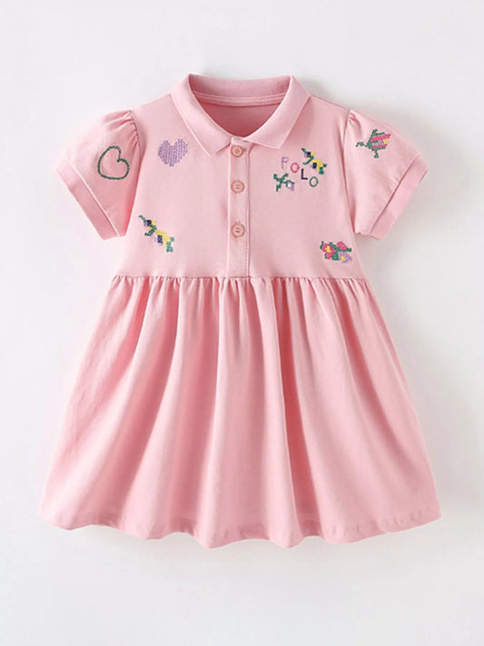 Children's Embroidered Polo Collar Short Sleeve Dress